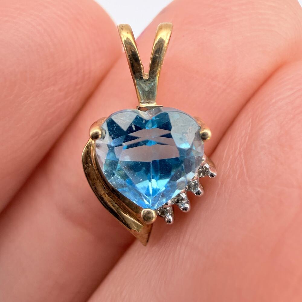 Vintage ADL 10K Abraham David Loewenstark Gold Heart Blue Topaz Diamond Pendant
